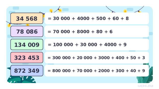 34 568 = 30 000 + 4000 + 500 + 60 + 8 78 086 = 70 000 + 8000 + 80 + 6 134 009 = 100 000 + 30 000 + 4000 + 9 323 453 = 300 000 + 20 000 + 3000 + 400 + 50 + 3 872 349 = 800 000 + 70 000 + 2000 + 300 + 40 + 9 Проверка  — Обменяйтесь тетрадями и проверьте друг друга. 1 