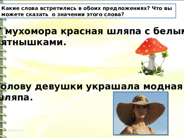 Какие слова встретились в обоих предложениях? Что вы можете сказать о значении этого слова? У мухомора красная шляпа с белыми пятнышками.    Голову девушки украшала модная шляпа. 