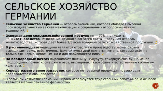 СЕЛЬСКОЕ ХОЗЯЙСТВО ГЕРМАНИИ Сельское хозяйство Германии  — отрасль экономики, которая обладает высокой производительностью за счёт механизации и современных агропромышленных технологий.  1 Основная доля сельскохозяйственной продукции  — 70%, приходится на  животноводство . Разведение крупного рогатого скота — ведущая отрасль животноводства, которая даёт более 2/5 всей товарной сельскохозяйственной продукции.  2 В растениеводстве  ведущими являются отрасли по производству зерна. Страна выращивает рожь, овёс, ячмень. Важной культурой является ячмень, который идёт не только для корма животным, но и для производства пива.  2 На плодородных почвах  выращивают пшеницу, кукурузу, сахарную свёклу. На менее плодородных почвах кроме ржи и овса, выращивают картофель и естественные кормовые культуры.  2 Хорошо развито виноградарство , которое по товарной продукции превосходит плодоводство и овощеводство.  2 В сельском хозяйстве Германии широко используется труд сезонных работников, а основой является мелкое семейное фермерство.   