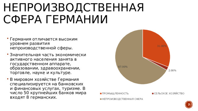 НЕПРОИЗВОДСТВЕННАЯ СФЕРА ГЕРМАНИИ Германия отличается высоким уровнем развития непроизводственной сферы. Значительная часть экономически активного населения занята в государственном аппарате, образовании, здравоохранении, торговле, науке и культуре. В мировом хозяйстве Германия специализируется на банковских и финансовых услугах, туризме. В число 50 крупнейших банков мира входят 8 германских.  