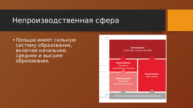 Непроизводственная сфера Польша имеет сильную систему образования, включая начальное, среднее и высшее образование. 