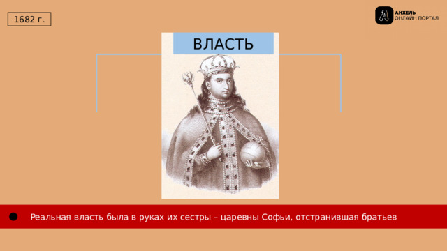  1682 г. ВЛАСТЬ  Реальная власть была в руках их сестры – царевны Софьи, отстранившая братьев 