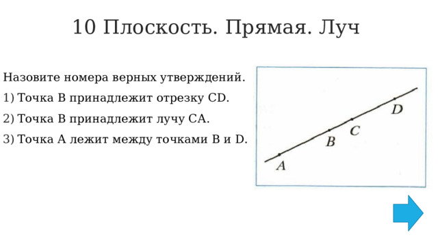 10 Плоскость. Прямая. Луч   Назовите номера верных утверждений. Точка B принадлежит отрезку CD. Точка В принадлежит лучу СА. Точка А лежит между точками B и D. 