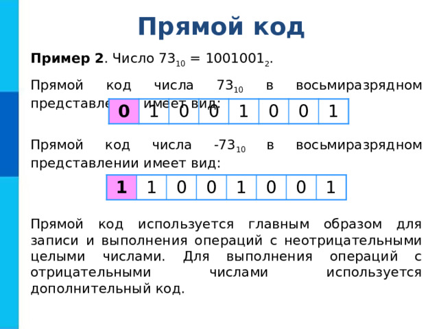 Прямой код Пример 2 . Число 7 3 10 = 1 0 01001 2 . Прямой код числа 73 10 в восьмиразрядном представлении имеет вид: 0 1 0 0 1 0 0 1 Прямой код числа -73 10 в восьмиразрядном представлении имеет вид: 1 1 0 0 1 0 0 1 Прямой код используется главным образом для записи и выполнения операций с неотрицательными целыми числами. Для выполнения операций с отрицательными числами используется дополнительный код. 