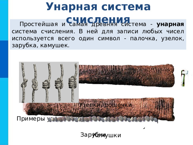 Унарная система счисления Простейшая и самая древняя система - унарная система счисления. В ней для записи любых чисел используется всего один символ - палочка, узелок, зарубка, камушек. Узелки, дощечки Узелковое письмо «кипу» Примеры узлов «кипу» Зарубки Камушки 