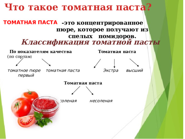 Что такое томатная паста?  -это концентрированное пюре, которое получают из спелых помидоров. Томатная паста Классификация томатной пасты  По показателям качества    Томатная паста (по сортам )  томатное пюре томатная паста Экстра высший первый Томатная паста Томатная паста соленая несоленая  