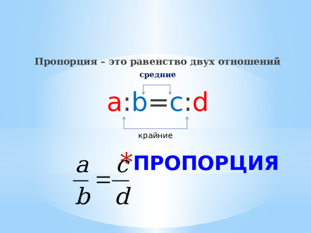Пропорция – это равенство двух отношений средние а : b = c : d крайние ПРОПОРЦИЯ 