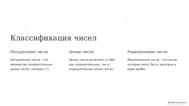 Классификация чисел Натуральные числа Целые числа Рациональные числа Натуральные числа - это множество положительных целых чисел, начиная с 1. Целые числа включают в себя как положительные, так и отрицательные целые числа. Рациональные числа - это числа, которые могут быть записаны в виде дроби.  