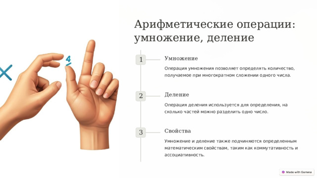 Арифметические операции: умножение, деление Умножение 1 Операция умножения позволяет определять количество, получаемое при многократном сложении одного числа. Деление 2 Операция деления используется для определения, на сколько частей можно разделить одно число. Свойства 3 Умножение и деление также подчиняются определенным математическим свойствам, таким как коммутативность и ассоциативность.  