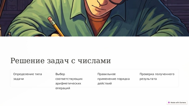 Решение задач с числами Определение типа задачи Выбор соответствующих арифметических операций Правильное применение порядка действий Проверка полученного результата  