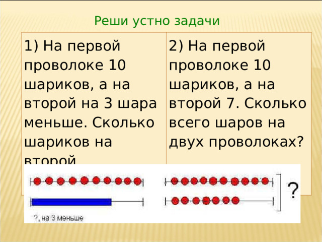 Реши устно задачи 1) На первой проволоке 10 шариков, а на второй на 3 шара меньше. Сколько шариков на второй проволоке? 2) На первой проволоке 10 шариков, а на второй 7. Сколько всего шаров на двух проволоках? 