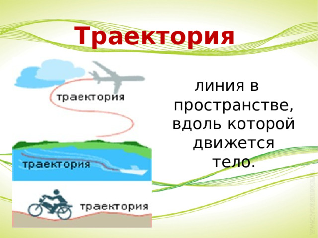 Траектория линия в пространстве, вдоль которой движется тело. 