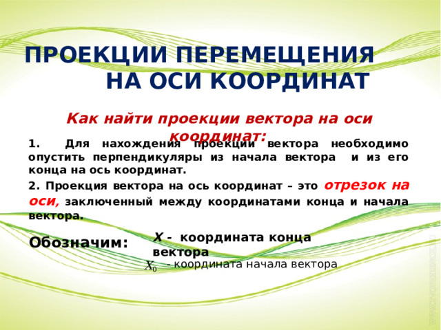 ПРОЕКЦИИ ПЕРЕМЕЩЕНИЯ НА ОСИ КООРДИНАТ  Как найти проекции вектора на оси координат: 1. Для нахождения проекции вектора необходимо опустить перпендикуляры из начала вектора и из его конца на ось координат. 2. Проекция вектора на ось координат – это отрезок на оси , заключенный между координатами конца и начала вектора. Х - координата конца вектора Обозначим: - координата начала вектора 