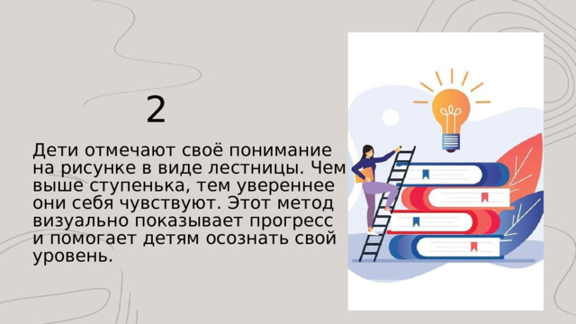 2 Дети отмечают своё понимание на рисунке в виде лестницы. Чем выше ступенька, тем увереннее они себя чувствуют. Этот метод визуально показывает прогресс и помогает детям осознать свой уровень. 
