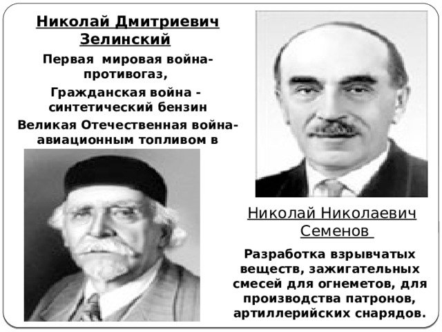 Николай Дмитриевич Зелинский   Первая мировая война- противогаз, Гражданская война - синтетический бензин Великая Отечественная война- авиационным топливом в Николай Николаевич Семенов Разработка взрывчатых веществ, зажигательных смесей для огнеметов, для производства патронов, артиллерийских снарядов. 
