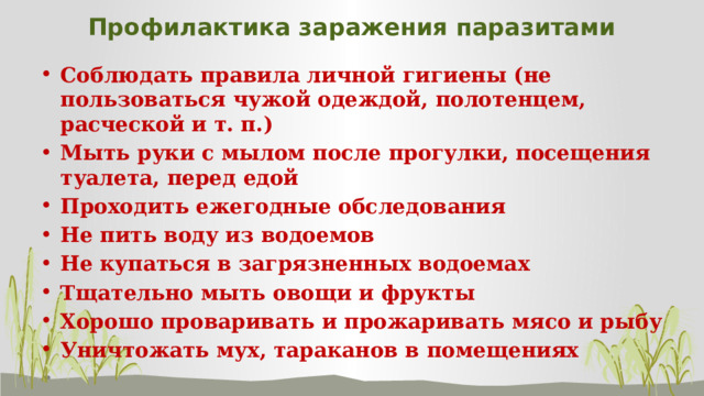 Профилактика заражения паразитами Соблюдать правила личной гигиены (не пользоваться чужой одеждой, полотенцем, расческой и т. п.) Мыть руки с мылом после прогулки, посещения туалета, перед едой Проходить ежегодные обследования Не пить воду из водоемов Не купаться в загрязненных водоемах Тщательно мыть овощи и фрукты Хорошо проваривать и прожаривать мясо и рыбу Уничтожать мух, тараканов в помещениях 