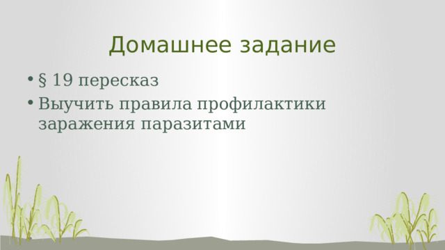 Домашнее задание § 19 пересказ Выучить правила профилактики заражения паразитами 