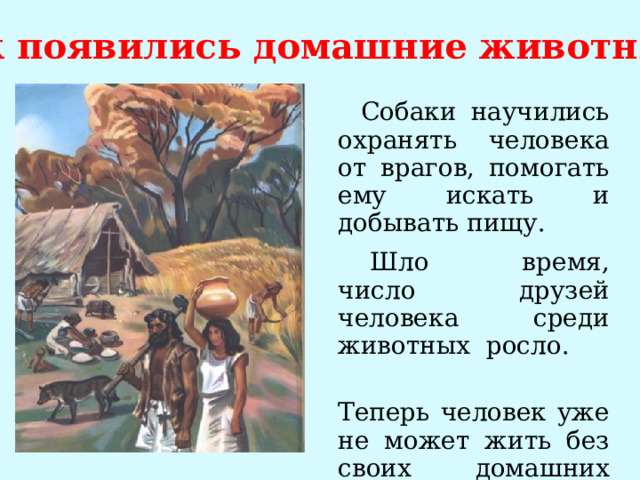 Как появились домашние животные?  Собаки научились охранять человека от врагов, помогать ему искать и добывать пищу.   Шло время, число друзей человека среди животных росло.        Теперь человек уже не может жить без своих домашних друзей и помощников. 
