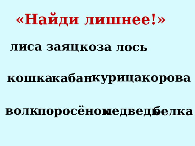«Найди лишнее!» лиса заяц коза лось курица корова кошка кабан волк поросёнок медведь белка 