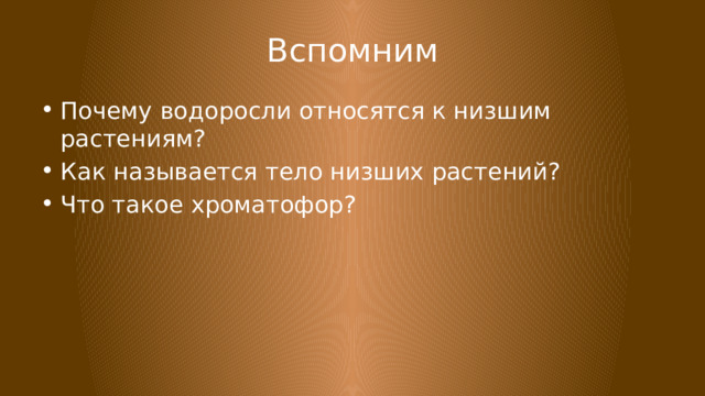 Вспомним Почему водоросли относятся к низшим растениям? Как называется тело низших растений? Что такое хроматофор? 
