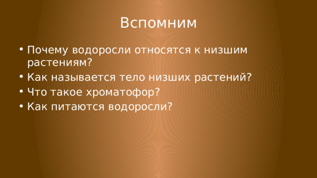 Вспомним Почему водоросли относятся к низшим растениям? Как называется тело низших растений? Что такое хроматофор? Как питаются водоросли? 