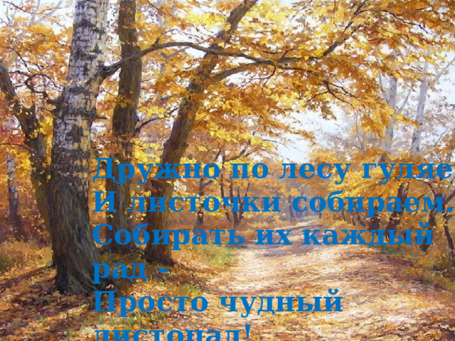 Дружно по лесу гуляем  И листочки собираем.  Собирать их каждый рад -  Просто чудный листопад! 