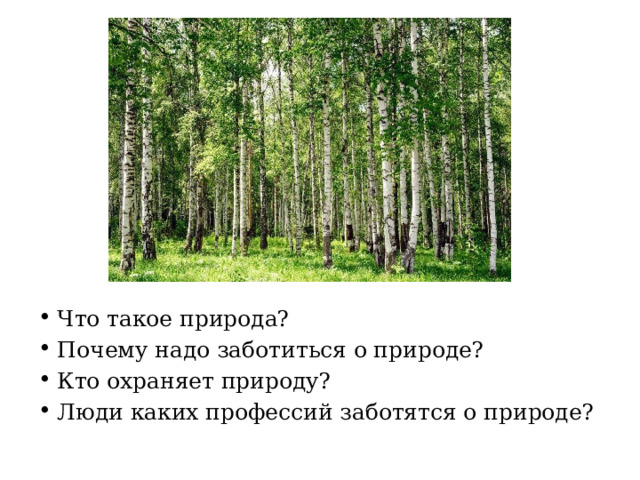 Что такое природа? Почему надо заботиться о природе? Кто охраняет природу? Люди каких профессий заботятся о природе? 