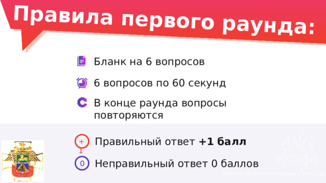 Правила первого раунда: Бланк на 6 вопросов 6 вопросов по 60 секунд В конце раунда вопросы повторяются Правильный ответ +1 балл +1 Неправильный ответ 0 баллов 0 Шаблон презентации создан в angdiz.ru 
