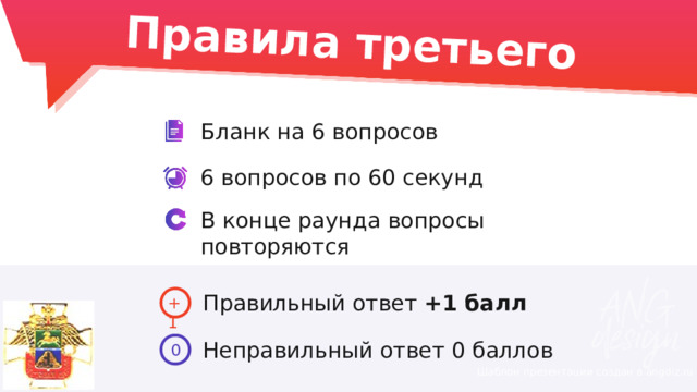 Правила третьего раунда: Бланк на 6 вопросов 6 вопросов по 60 секунд В конце раунда вопросы повторяются Правильный ответ +1 балл +1 Неправильный ответ 0 баллов 0 Шаблон презентации создан в angdiz.ru 