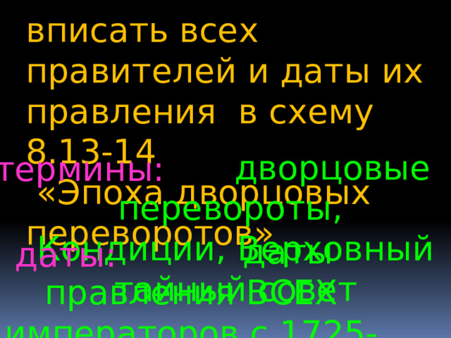 вписать всех правителей и даты их правления в схему 8.13-14  «Эпоха дворцовых переворотов»  дворцовые перевороты, Кондиции, Верховный тайный совет термины:  даты правления ВСЕХ императоров с 1725-1762гг. даты: 