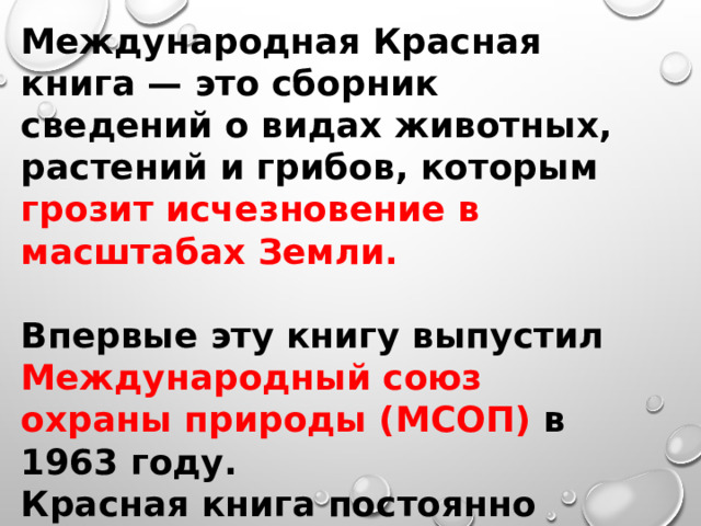 Международная Красная книга — это сборник сведений о видах животных, растений и грибов, которым грозит исчезновение в масштабах Земли.  Впервые эту книгу выпустил Международный союз охраны природы (МСОП) в 1963 году. Красная книга постоянно дополняется. Над её обновлением работает огромное количество учёных в разных странах. 