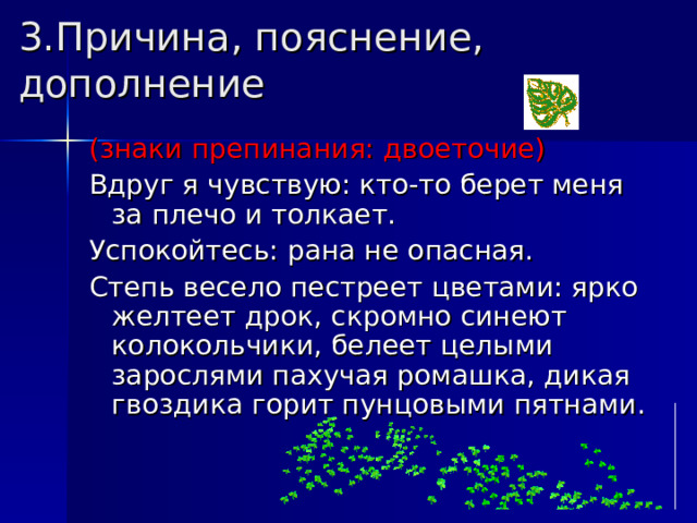 3.Причина, пояснение, дополнение (знаки препинания: двоеточие) Вдруг я чувствую: кто-то берет меня за плечо и толкает. Успокойтесь: рана не опасная. Степь весело пестреет цветами: ярко желтеет дрок, скромно синеют колокольчики, белеет целыми зарослями пахучая ромашка, дикая гвоздика горит пунцовыми пятнами. 