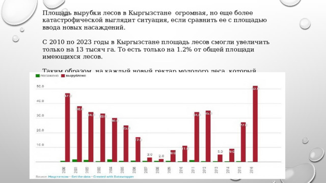 Площадь вырубки лесов в Кыргызстане огромная, но еще более катастрофической выглядит ситуация, если сравнить ее с площадью ввода новых насаждений.   С 2010 по 2023 годы в Кыргызстане площадь лесов смогли увеличить только на 13 тысяч га. То есть только на 1.2% от общей площади имеющихся лесов.   Таким образом, на каждый новый гектар молодого леса, который перевели в категорию ценных лесных насаждений, приходится 31 гектар вырубленных лесов. 
