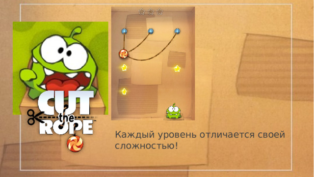 В этой игре нужно перерезать веревку, попутно собирая звезды, что бы Ам ням получил свою конфету Пузырь! Если конфета тронет пузырь то она полетит! Можно лопнуть пузырь и конфета упадёт Каждый уровень отличается своей сложностью! 