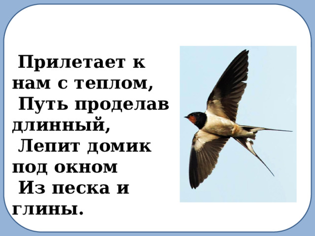 Ч то за птица: песен не поет,  гнезда не вьет, людей и груз везет?    Прилетает к нам с теплом,  Путь проделав длинный,  Лепит домик под окном  Из песка и глины. 