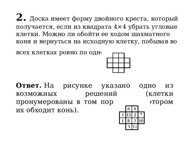 2.  Доска имеет форму двойного креста, который получается, если из квадрата 4×4 убрать угловые клетки. Можно ли обойти ее ходом шахматного коня и вернуться на исходную клетку, побывав во всех клетках ровно по одному разу?   Ответ.  На рисунке указано одно из возможных решений (клетки пронумерованы в том порядке, в котором их обходит конь). 