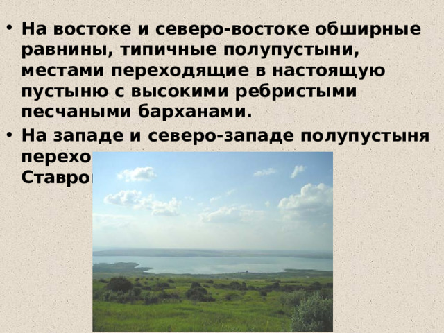 На востоке и северо-востоке обширные равнины, типичные полупустыни, местами переходящие в настоящую пустыню с высокими ребристыми песчаными барханами. На западе и северо-западе полупустыня переходит в плодородные Ставропольские степи. 