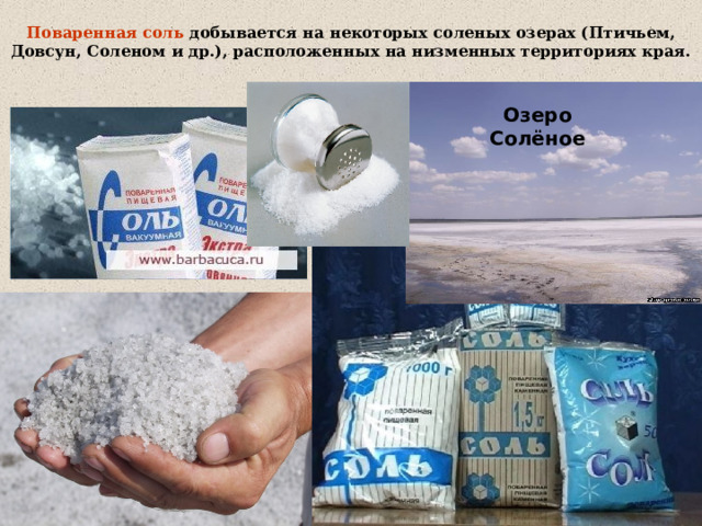  Поваренная соль добывается на некоторых соленых озерах (Птичьем, Довсун, Соленом и др.), расположенных на низменных территориях края.   Озеро Солёное 