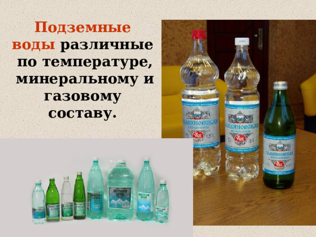 Подземные воды различные по температуре, минеральному и газовому составу. 