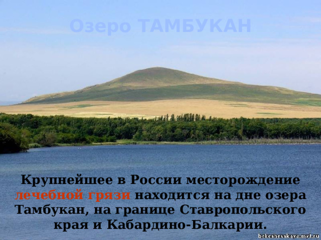 Озеро ТАМБУКАН Крупнейшее в России месторождение лечебной грязи находится на дне озера Тамбукан, на границе Ставропольского края и Кабардино-Балкарии. 