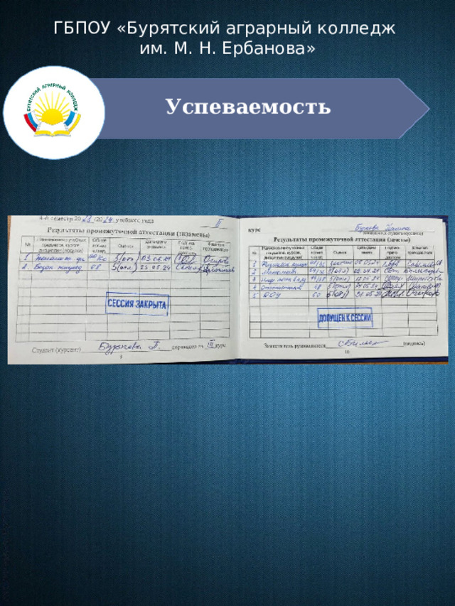 ГБПОУ «Бурятский аграрный колледж им. М. Н. Ербанова» Успеваемость 