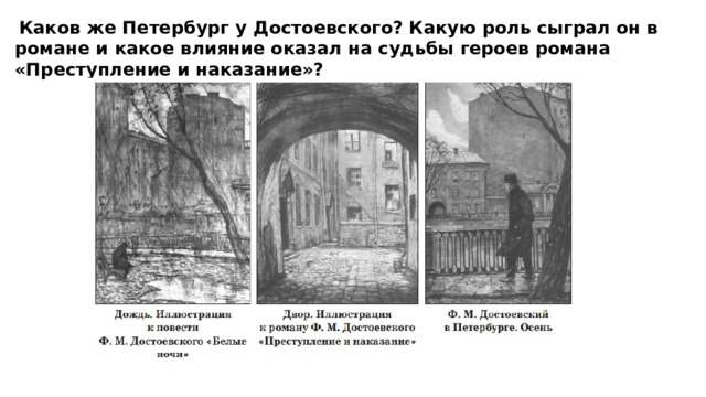  Каков же Петербург у Достоевского? Какую роль сыграл он в романе и какое влияние оказал на судьбы героев романа «Преступление и наказание»? 
