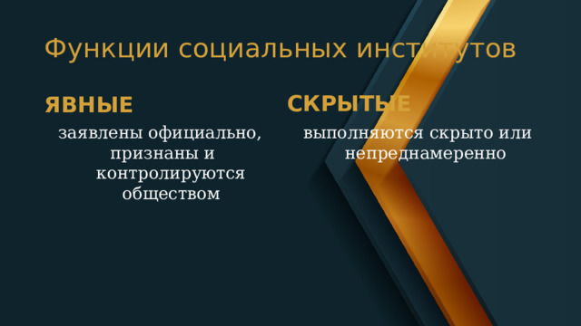 Функции социальных институтов СКРЫТЫЕ ЯВНЫЕ заявлены официально, выполняются скрыто или непреднамеренно признаны и контролируются обществом 