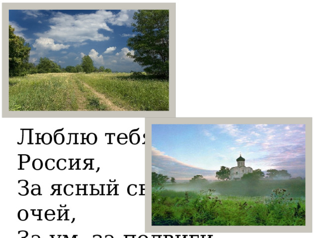 Люблю тебя, моя Россия,  За ясный свет твоих очей,  За ум, за подвиги святые,  За голос звонкий, как ручей. 
