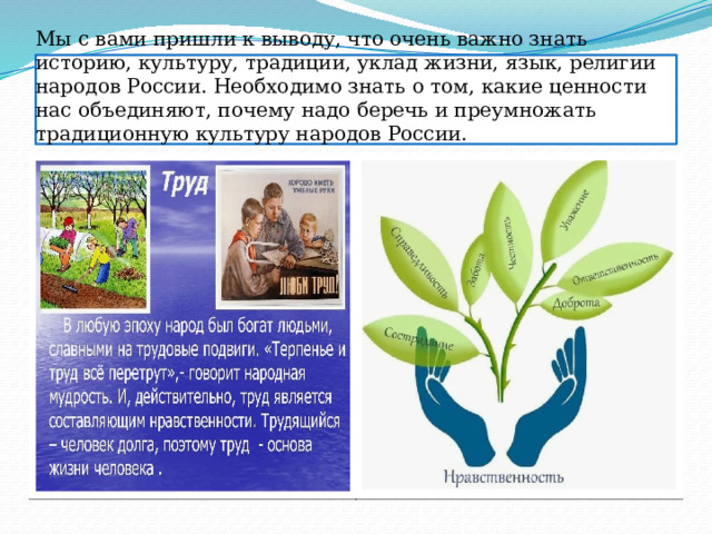 Мы с вами пришли к выводу, что очень важно знать историю, культуру, традиции, уклад жизни, язык, религии народов России. Необходимо знать о том, какие ценности нас объединяют, почему надо беречь и преумножать традиционную культуру народов России. 
