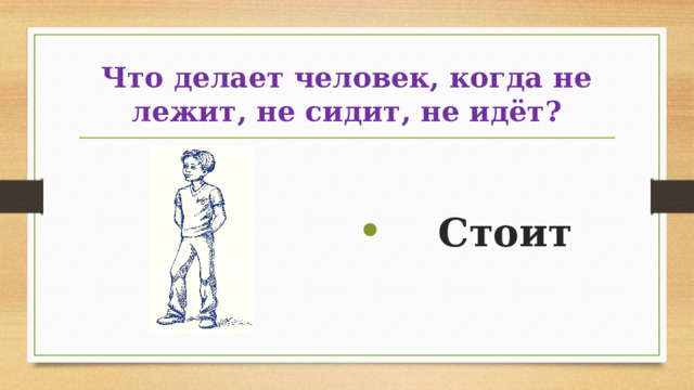 Что делает человек, когда не лежит, не сидит, не идёт?   Стоит 