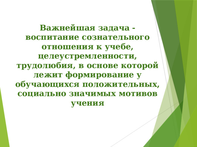  Важнейшая задача - воспитание сознательного отношения к учебе, целеустремленности, трудолюбия, в основе которой лежит формирование у обучающихся положительных, социально значимых мотивов учения 