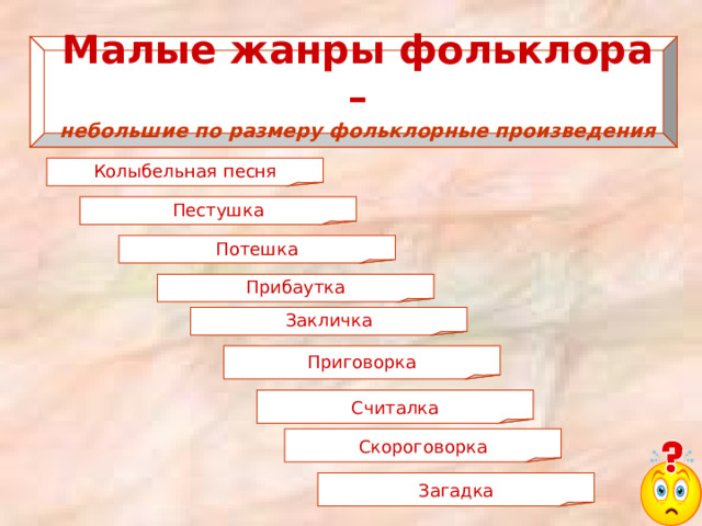 Малые жанры фольклора –  небольшие по размеру фольклорные произведения   Колыбельная песня Пестушка Потешка Прибаутка Закличка Приговорка Считалка Скороговорка Загадка 
