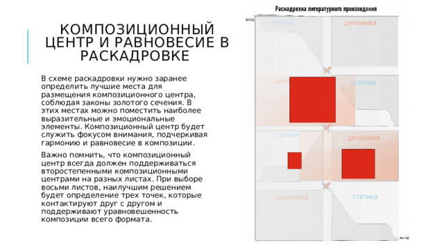 Композиционный центр и равновесие в раскадровке В схеме раскадровки нужно заранее определить лучшие места для размещения композиционного центра, соблюдая законы золотого сечения. В этих местах можно поместить наиболее выразительные и эмоциональные элементы. Композиционный центр будет служить фокусом внимания, подчеркивая гармонию и равновесие в композиции. Важно помнить, что композиционный центр всегда должен поддерживаться второстепенными композиционными центрами на разных листах. При выборе восьми листов, наилучшим решением будет определение трех точек, которые контактируют друг с другом и поддерживают уравновешенность композиции всего формата. 