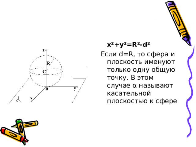  x ²+y²=R²-d² Если d = R , то сфера и плоскость именуют только одну общую точку. В этом случае α называют касательной плоскостью к сфере 